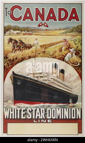 Vintage-Reiseposter. Eine White Star Dominion Line mit Verbindung von Le Havre nach Kanada. Zeigt große Kreuzfahrtschiffe und Weizenfelder der Prärien Stockfoto
