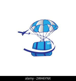 Koffer-Logo mit Fliegenflugzeug-Schild, Reise-Logo, Urlaubslogo. Reisetasche mit Fallschirm und Flugzeug auf weißem Hintergrund Stock Vektor