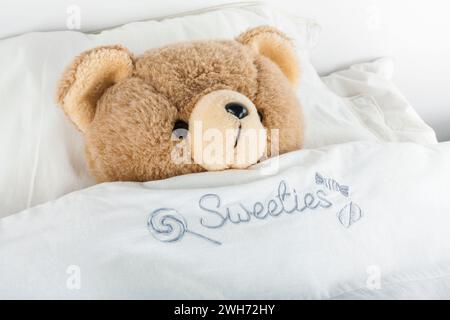 Teddybär schläft im Bett unter einer weichen Decke Stockfoto