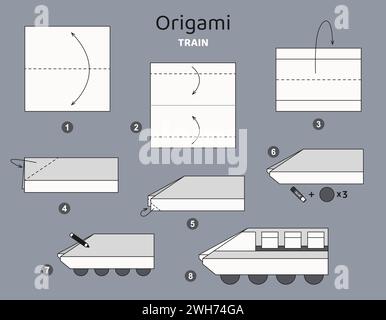 Origami-Tutorial für Kinder. Origami süßer Zug. Stock Vektor