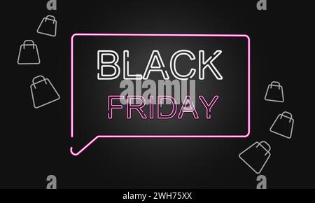 Black friday Neonlicht-Banner mit Einkaufstaschenschild. Vektorabbildung Stock Vektor