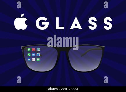 Apfelglas. Realistische Smart-Brillen von Apple, macos, Brillen mit iphone-Apps. Virtual Reality, Metaverse, Augmented Reality, VR. Mikro-LED, 4K mm Verstellung Stock Vektor