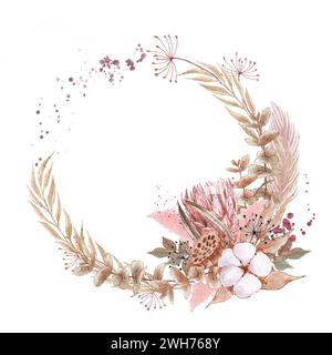 Boho-Bouquet mit Protea, Baumwollblüten, getrockneten Zweigen und Kräutern. Böhmisches Arrangement für Hochzeitseinladungen. Handgezeichnete Illustration in Aquarell Stockfoto