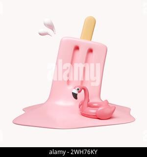 3D-Eis schmelzen mit rosafarbenem Flamingo-Schwimmer für Sommerurlaub und Urlaubskonzept. Symbol isoliert auf weißem Hintergrund. 3D-Darstellung Stockfoto