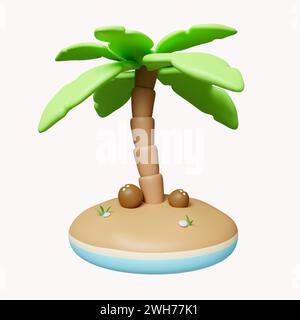 3D Kokospalmen auf Strandsand, Sommerurlaubskonzept. Sommerurlaub und Urlaubskonzept. Symbol isoliert auf weißem Hintergrund. 3D-Rendering Stockfoto
