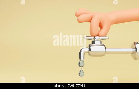 3D Hand schließt den Wasserhahn. Umwelt- und Erdtagskonzept mit Weltkugel und umweltfreundlicher Umwelt. 3D-Darstellung. Stockfoto