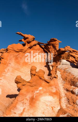 Zerbrechliche erodierte aztekische Sandsteinformationen in Little Finland, Gold Butte National Monument, Nevada. Stockfoto
