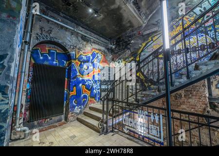 Graffitis im Treppenhaus des ehemaligen Kunsthaus Tacheles, heute Museum Fotografiska, Stadtquartier am Tacheles, Oranienburger Straße, Mitte, Berlin, Deutschland *** Graffiti im Treppenhaus des ehemaligen Kunsthauses Tacheles, heute Museum Fotografiska, am Tacheles Quartier, Oranienburger Straße, Mitte, Berlin, Deutschland Stockfoto