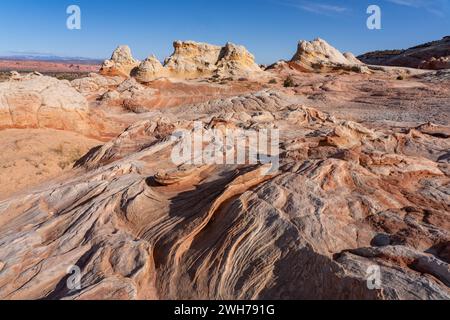 Erodierte Navajo-Sandsteinformationen im White Pocket Recreation Area, Vermilion Cliffs National Monument, Arizona. Lollipop Rock ist im Hinterkopf Stockfoto