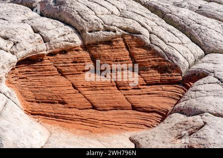 Das Dragon's Eye aus erodiertem weißem Pillow Rock oder Brain Rock Sandstein im White Pocket, Vermilion Cliffs National Monument, Arizona. Sowohl das rote A Stockfoto