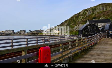 Die New (2024) Barmouth Rail and Footbridge überquert den Afon Mawddach, Gwynedd Wales UK, und nähert sich vom Arthog Bahnhof über Mawddach. Stockfoto