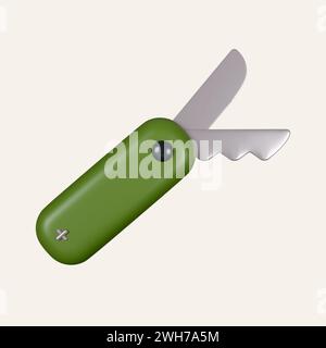 3D-Klappmesser Sommerlager und Ferienurlaub. Symbol isoliert auf weißem Hintergrund. 3D-Darstellung. Beschneidungspfad. Stockfoto