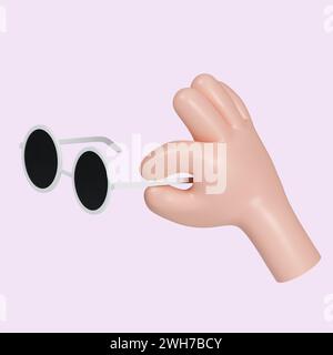 3D-Sonnenbrille mit Handgriff. Symbol isoliert auf rosa Hintergrund. 3D-Darstellung. Beschneidungspfad. Stockfoto