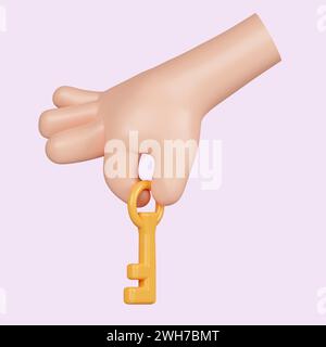 3D Cartoon menschliche Hand Hold Key. Symbol isoliert auf rosa Hintergrund. 3D-Darstellung. Beschneidungspfad. Stockfoto