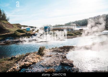 Gewächshaus in Island, in der Nähe einer heißen Quelle Stockfoto