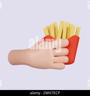 3. Hand mit Pommes frites. Snack, das Konzept, hungrig zu sein. Symbol isoliert auf grauem Hintergrund. 3D-Darstellung. Beschneidungspfad. Stockfoto