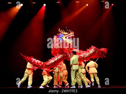 London, Großbritannien. Februar 2024. Schauspieler führen Drachentanz während der Chinesischen Studenten- und Scholars-Vereinigung UK (CSSAUK) Chinesische Neujahrsgala am 7. Februar 2024 in London, Großbritannien, auf. Quelle: Li Ying/Xinhua/Alamy Live News Stockfoto