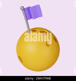 3D Mond mit Flagge. Symbol isoliert auf violettem Hintergrund. 3D-Darstellung. Beschneidungspfad. Stockfoto