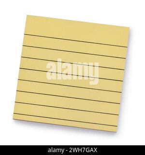 Gelbes quadratisches Notizbuchpapier, oben. Isoliert auf weißem Hintergrund. Stockfoto