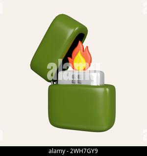 3D-Zippo-Feuerzeug. Elemente für Camping, Wandern, Sommercamp, Reisen, Reise. Symbol isoliert auf weißem Hintergrund. 3D-Darstellung. Beschneiden Stockfoto