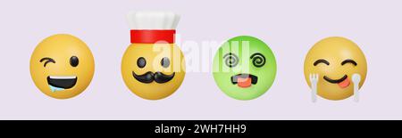 3D Emoji Hungry, Chef, Kotze, lecker. Realistisches, gelbes, hochglänzendes 3D-Emotions-Gesicht. Symbol isoliert auf grauem Hintergrund. 3D-Darstellung. Beschneiden Stockfoto