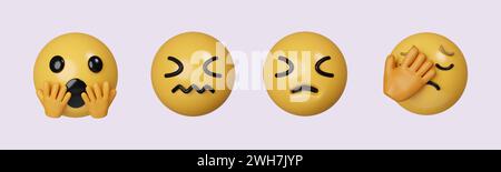 3D Set Symbol Emoji. Realistisches, gelbes, hochglänzendes 3D-Emotions-Gesicht. Symbol isoliert auf grauem Hintergrund. 3D-Darstellung. Beschneidungspfad. Stockfoto