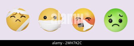 Emoji krank Set. Emojis müde, krank, leise und irritierte Iconensammlung. Symbol isoliert auf grauem Hintergrund. 3D-Darstellung. Beschneidungspfad. Stockfoto