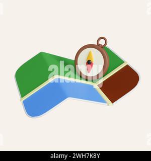 Kompass und gefaltete Karte und Positionsstift isoliert. Minimales Navigationssymbol.Symbol auf weißem Hintergrund isoliert. 3D-Darstellung. Beschneidungspfad. Stockfoto