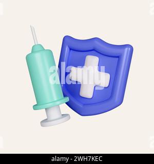 3D medizinischer Spritzenimpfstoff mit Schutzschild. Immunität für den Körper. Symbol isoliert auf weißem Hintergrund. 3D-Darstellung. Beschneidungspfad. Stockfoto