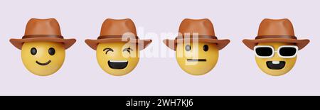 3D-Emoji-Cowboy-Hut Gesicht Rolle Glückliche Reitperson. Symbol isoliert auf grauem Hintergrund. 3D-Darstellung. Beschneidungspfad. Stockfoto