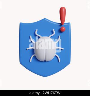 3D Sicherheitskonzept Schild mit Bug. Virenscan Lupe Antivirus. Symbol isoliert auf weißem Hintergrund. 3D-Darstellung. Beschneidungspfad. Stockfoto