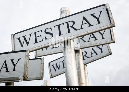 Ortsnamen am Hafen von Kirkwall, Orkney, Großbritannien Stockfoto