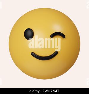 3D Winking Face. Emoji mit Augenzwinkern, lustiges gelbes Emoticon mit lächelnden Lippen. Symbol isoliert auf grauem Hintergrund. 3D-Darstellung. Beschneidungspfad. Stockfoto