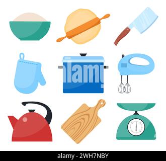 Küchenutensilien-Set. Küchenutensilien, Kochgeschirr, Küchenutensilien Sammlung. Moderne flache Symbole für Websites, Webbanner, Infografiken. Vektorabbildung Stock Vektor