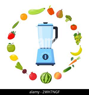 Mixer oder Mixer. Ausrüstung für die Smoothie-Herstellung. Verschiedene Obst- und Gemüsesorten. Küchenwerkzeug zum Kochen. Vektorabbildung Stock Vektor