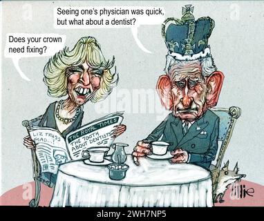 Satire-Cartoon Queen Camilla & König Charles III. Über den Zustand der britischen Zahnmedizin, NHS-Zahnärzte in Mangel, was zu einer neuen Patientenzahlung führt Stockfoto