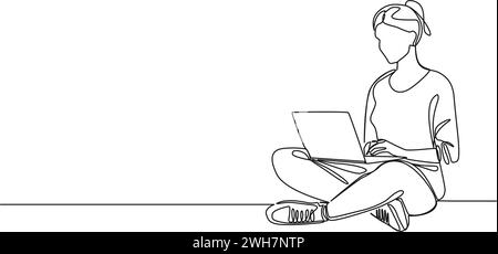 Ununterbrochene einzeilige Zeichnung der Frau, die auf dem Boden sitzt, mit Laptop, Linie Art Vektor Illustration Stock Vektor