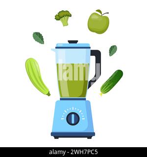 Mixer oder Mixer. Ausrüstung für die Smoothie-Herstellung. Grünes Gemüse herum. Küchenwerkzeug zum Kochen. Vektorabbildung Stock Vektor
