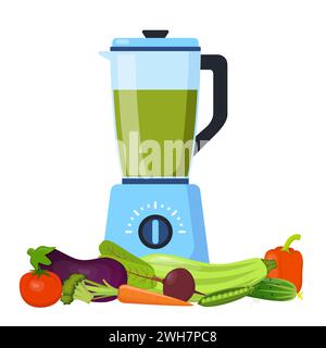 Mixer oder Mixer. Ausrüstung für die Smoothie-Herstellung. Verschiedene Gemüsesorten. Tomate, Pfeffer, Karotte, Brokkoli, Gurke. Küchenwerkzeug zum Kochen. Vektorillu Stock Vektor