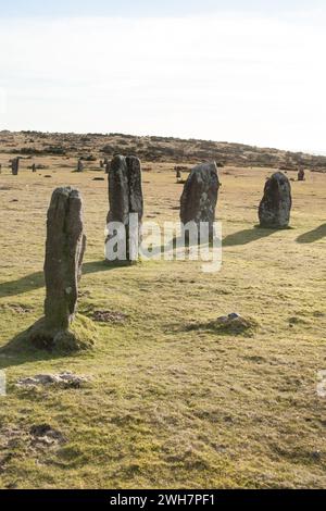 Blick auf die Hurler's Stones am Bodmin Moor, Cornwall in Großbritannien Stockfoto