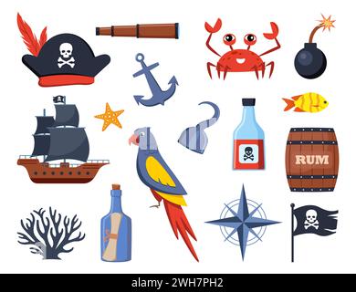 Set mit Piratenelementen. Piraten-Motivationen mit Schiff, Kapitän, Brust, Karte, Papagei, rum, Kanonenkugel. Lustige Piratenpartysymbole. Vektorillustratio Stock Vektor