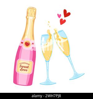Vektor-Illustration von rosa Champagnerflasche und Gläsern für valentinstag. Festliche Sekt- und Gläserzeichnung Stock Vektor