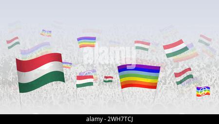 Menschen, die Friedensflaggen und Flaggen Ungarns schwenken. Illustration eines Thronfestes oder Protests mit der Flagge Ungarns und der Friedensflagge. Vektorillus Stock Vektor