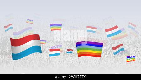 Menschen, die Friedensflaggen und Flaggen Luxemburgs schwenken. Illustration der Thronfeier oder Protest mit der Flagge Luxemburgs und der Friedensflagge. Vektor Stock Vektor