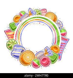 Vektorrahmen für Candy Shop mit leerem Kopierraum für Anzeigetext, dekorative Schild mit Illustration der mehrfarbigen Verpackung harter Süßigkeiten, Sortiment Stock Vektor