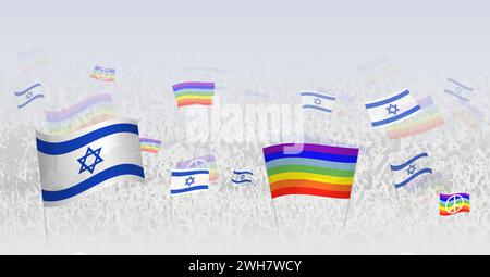 Menschen, die Friedensflaggen und -Flaggen von Israel schwenken. Illustration der Thronbewohner, die mit der Flagge Israels und der Friedensflagge feiern oder protestieren. Vektorillustr Stock Vektor