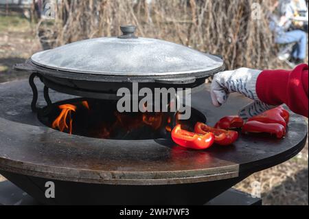 Gemüse, Paprika und Kartoffeln werden an einem runden Kamin im Freien gebraten. Runder Grill in Form einer Schüssel mit Feuer im Inneren. Rundes Metallholz Stockfoto