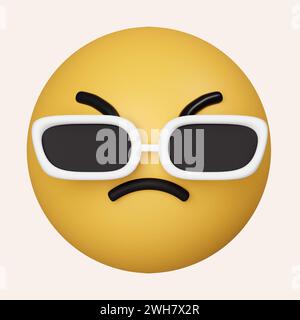 3D Emoji Gesicht ist cool in der Sonnenbrille. Emotion Gelb glänzend. Symbol isoliert auf grauem Hintergrund. 3D-Darstellung. Beschneidungspfad. Stockfoto