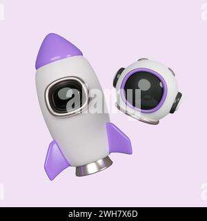 3D-Flugraumrakete. Raumschiff Rakete Mittagessen. Symbol isoliert auf violettem Hintergrund. 3D-Darstellung. Beschneidungspfad. Stockfoto