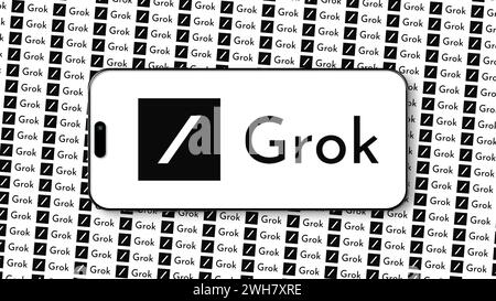 Istanbul, Türkei - 7. Februar 2024: Grok Markenlogo auf dem Smartphone-Bildschirm über einem sich wiederholenden Muster des Logo-Hintergrunds. Grok, entwickelt von Elon Musks c Stockfoto
